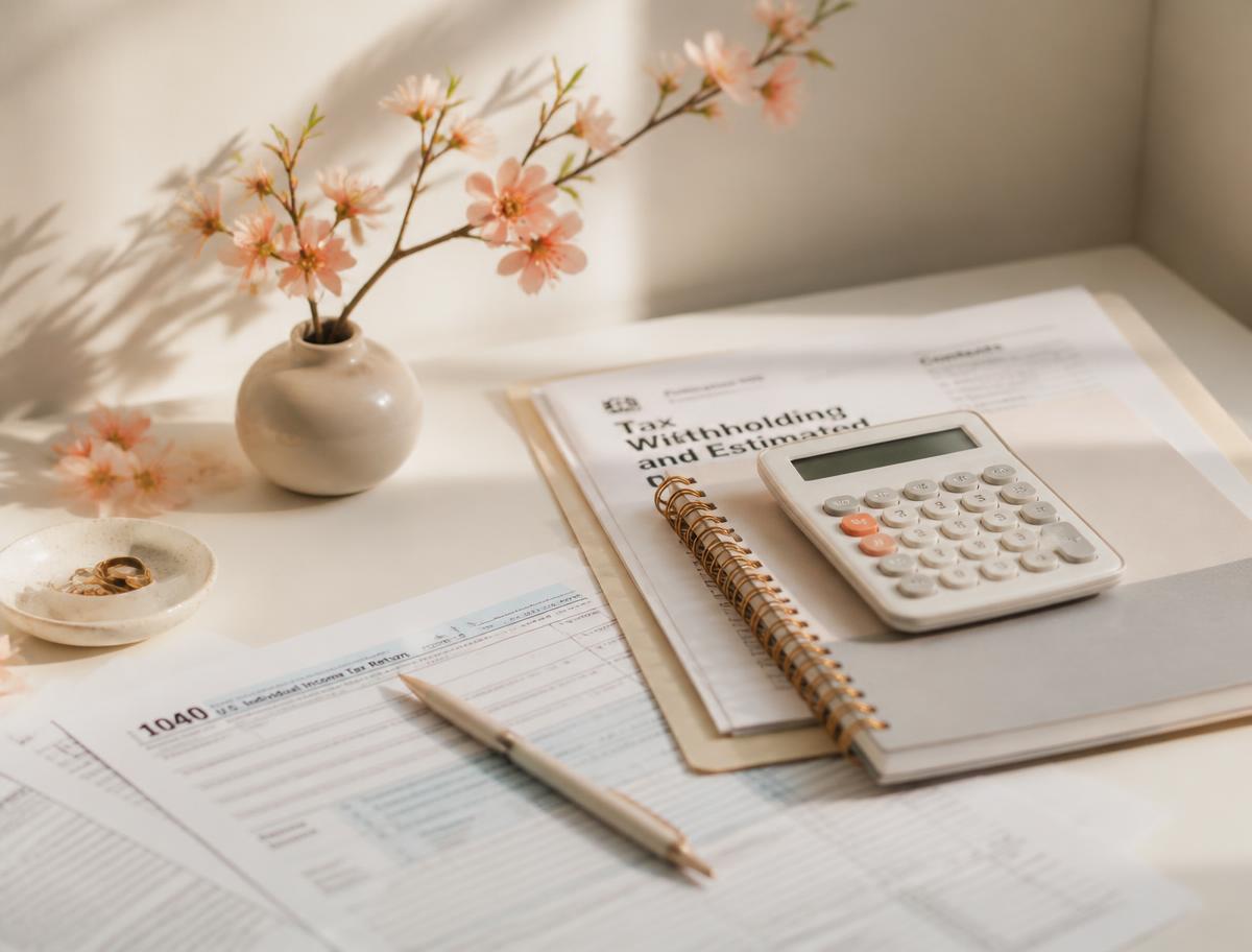 Financial documents and calculator arranged on a bright desk